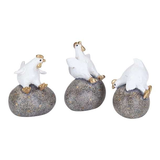 Hen on egg white/gold 3 pcs H.5,8cm