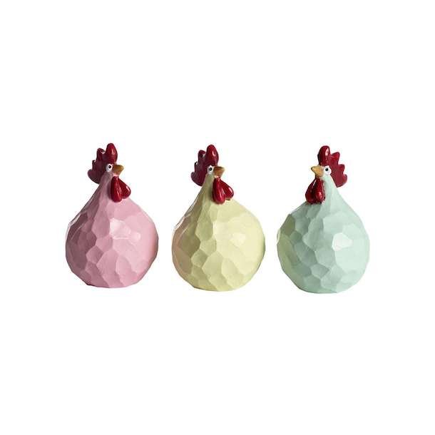 Hen Carved 3pcs pink, mint, yellow H.5,2cm